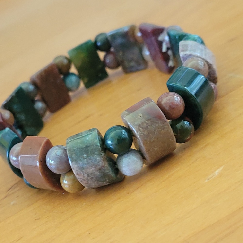 Vintage Natural Ocean Jasper Block Bead Stretch Bracelet Cuff 28g